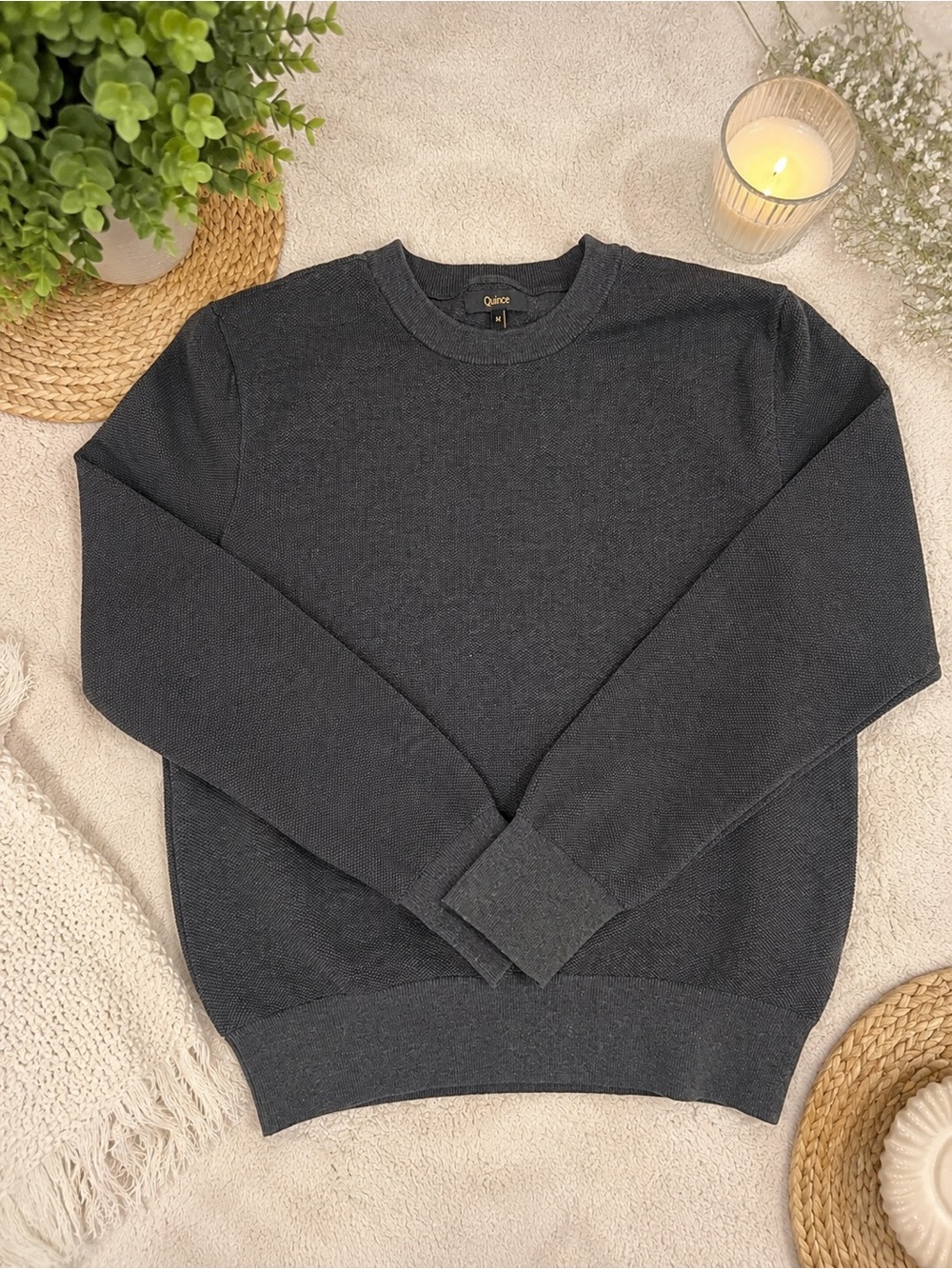 **Quince 100% Organic Cotton Piqué Crewneck Sweater – Medium – Charcoal**
